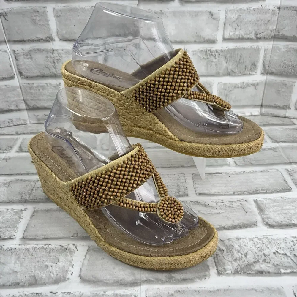 Candie’s Paxsha Women's Size 9 Natural Beaded Thong Wedge Sandals
